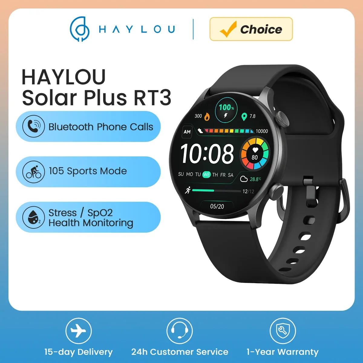 [Com Taxa] Smartwatch Haylou Solar Plus Rt3 Com Tela Amoled De 1,43&Quot;, Ligaes Por Bluetooth E A Prova D'gua